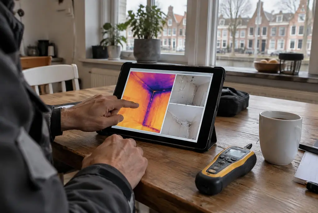 Lekdetectie Krommenie – lekdetectierapport met warmtebeelden en foto's op een tablet