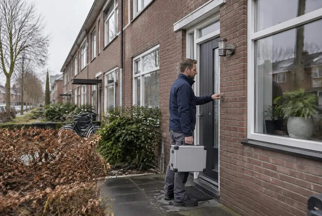 Lekdetectiespecialist met meetkoffer bij de voordeur van een woning in Krommenie